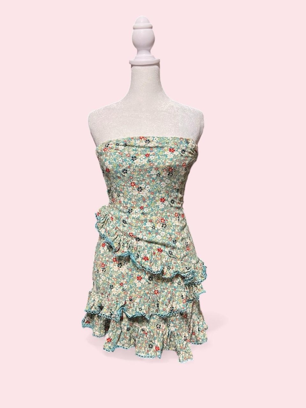 Small Strapless Floral Ruffle Mini Dress - Turquoise